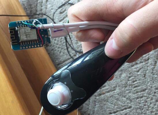 Wii Nunchuck soldered to an ESP8266